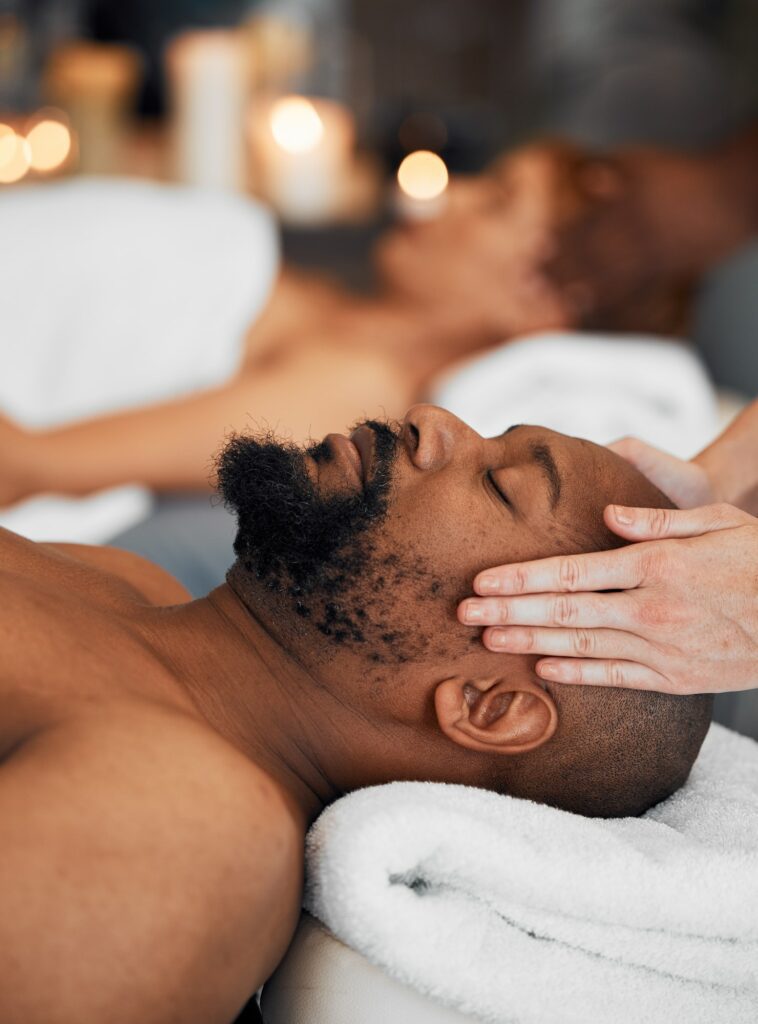 Black man, massage and relax being peaceful, focus and calm. Spa, African American man or being rel
